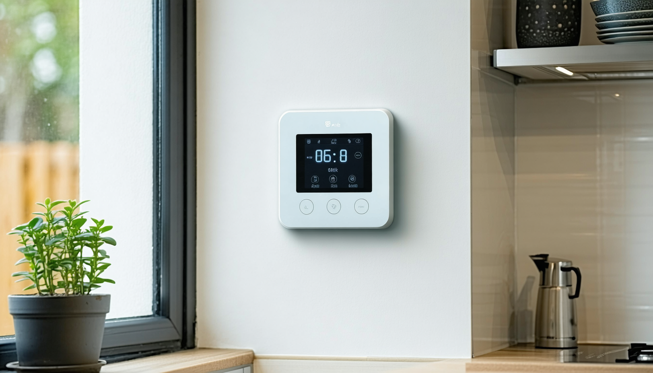 A domestic smart meter display on a kitchen wall