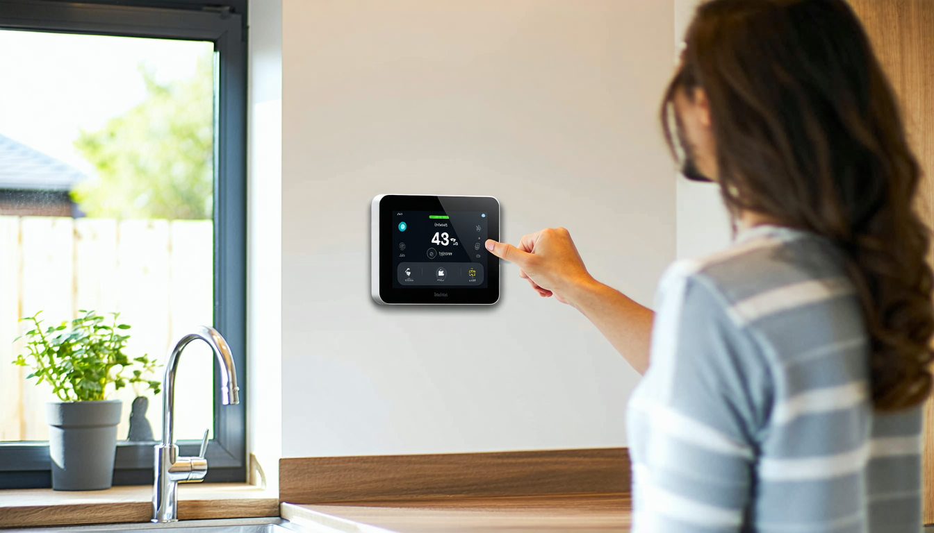 A person checking a home energy smart meter in a bright kitchen